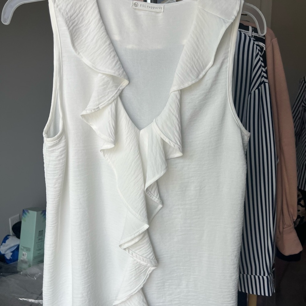 FSL + Apparel White Ruffle Neck Blouse S